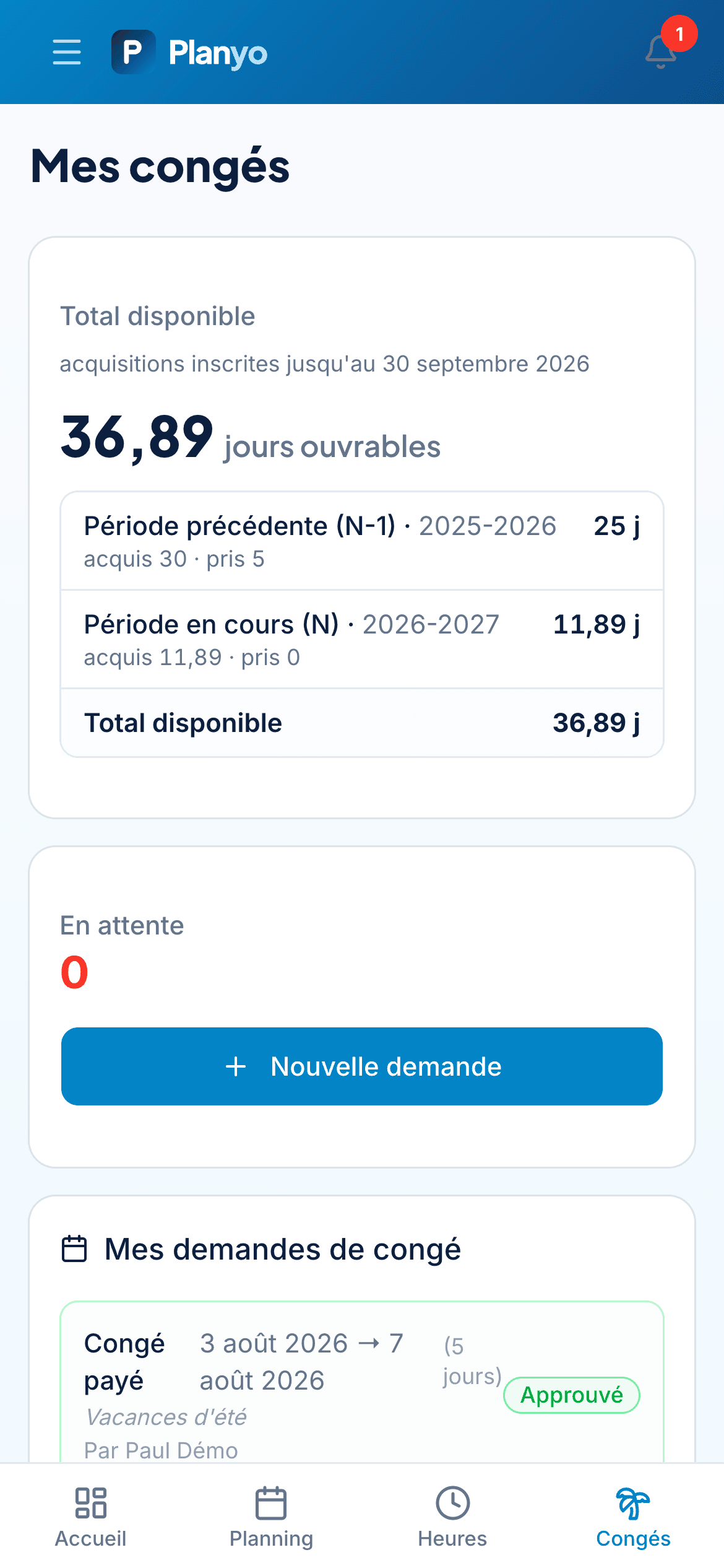 L’espace congés d’Alexis sur son téléphone : 36,89 jours ouvrables disponibles, et sa demande de congé approuvée.