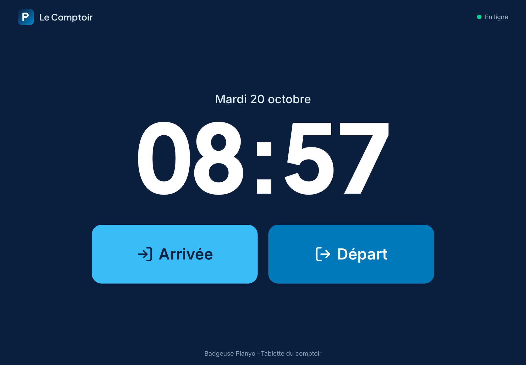 La badgeuse Planyo sur une tablette : l’heure en grand, la date, et deux boutons « Arrivée » et « Départ ».