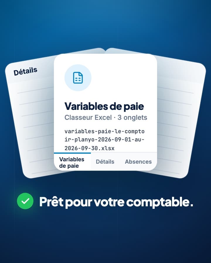 Les variables de paie exportées par Planyo : un classeur Excel de trois onglets — Variables de paie, Détails, Absences — prêt pour le comptable.