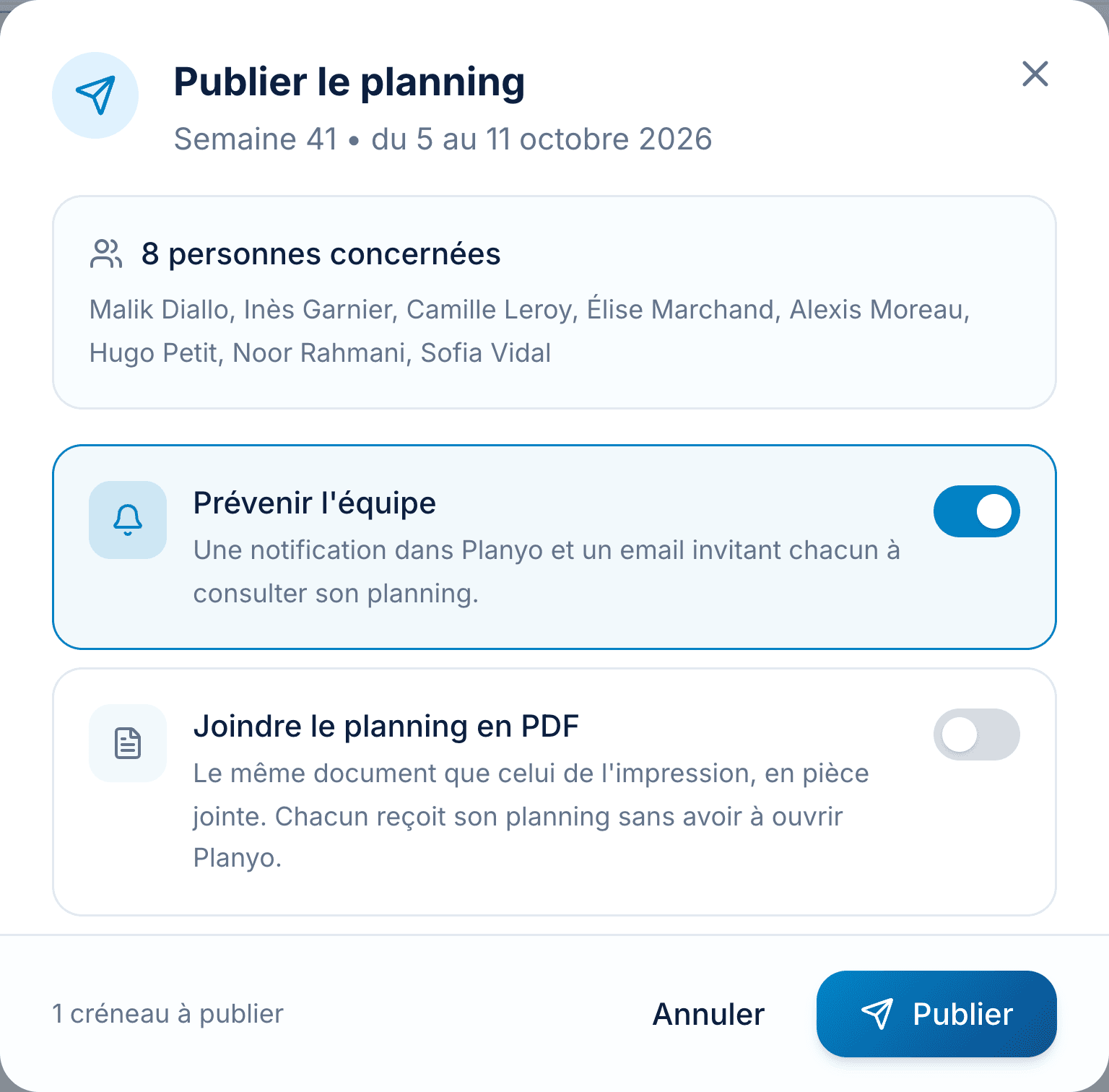 La fenêtre « Publier le planning » : semaine 41, huit personnes concernées, « Prévenir l’équipe » activé, « Joindre le planning en PDF » au choix.