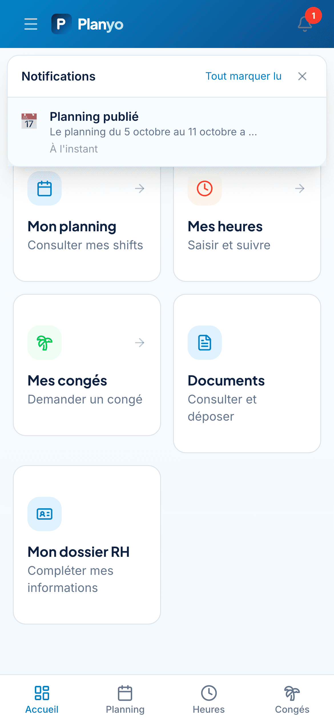 Sur le téléphone d’un salarié : la notification « Planning publié — Le planning du 5 octobre au 11 octobre a été publié ».